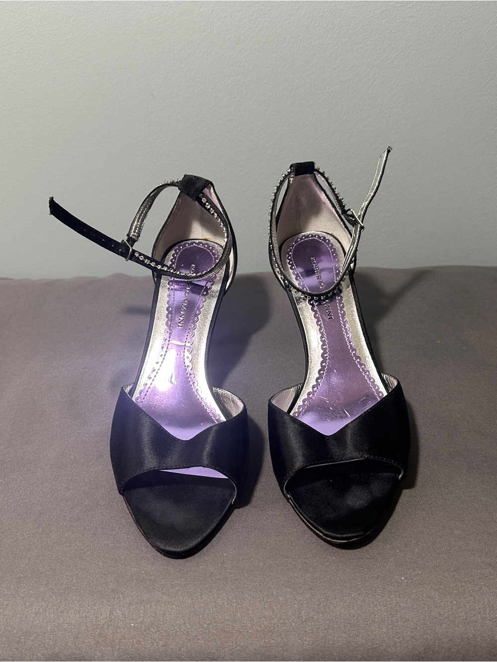 Roberto Vianni Ladies Black Satin Evening Shoe with Ankle Strap and Peep toe